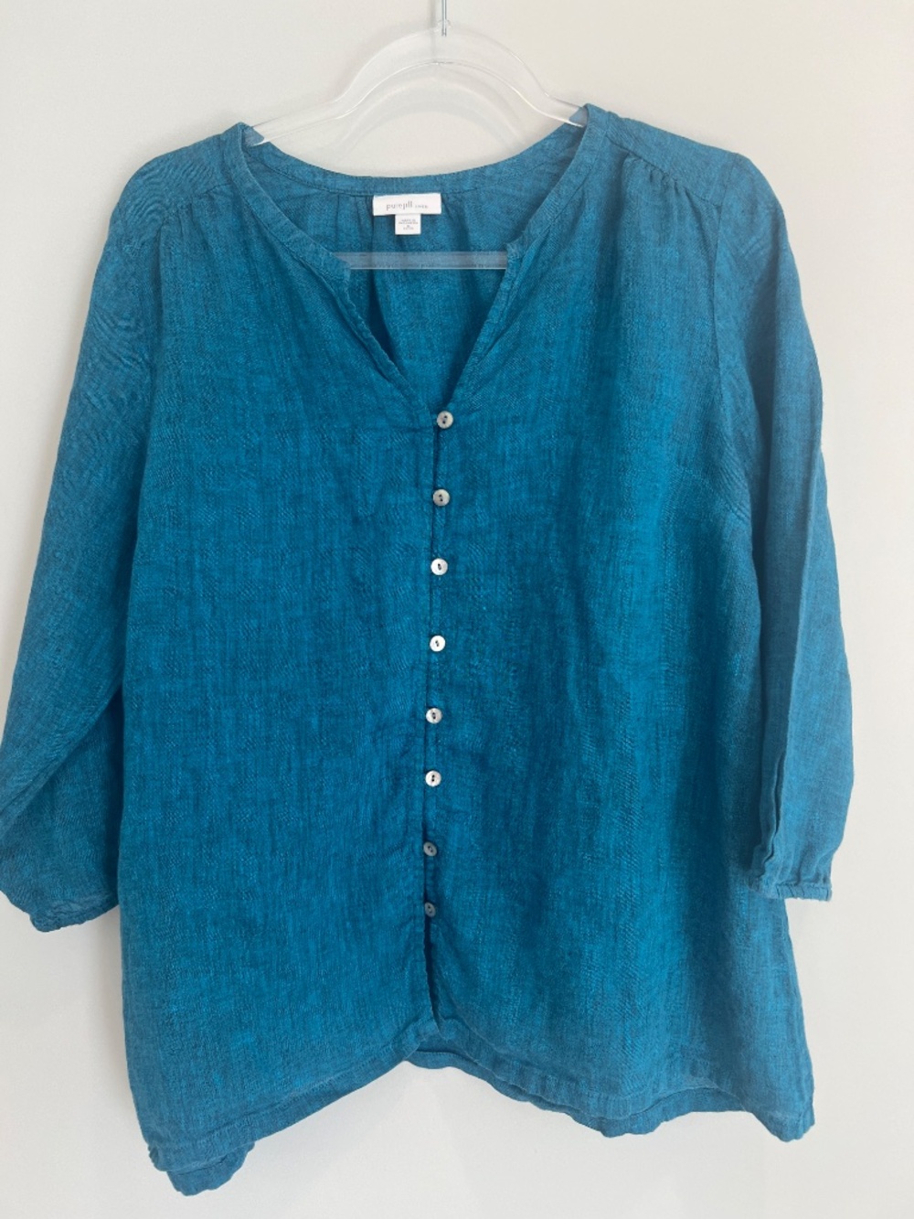 J. Jill Teal Blue 100% Linen Button-Front Split-Neck Top Blouse PM